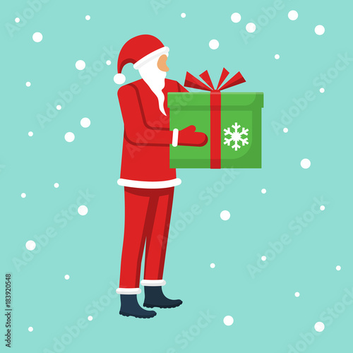 Gift from Santa Claus. Vector illustration flat design. Merry Christmas and Happy New Year on a snowy background. Santa Claus in a red uniform holds a big green gift. 