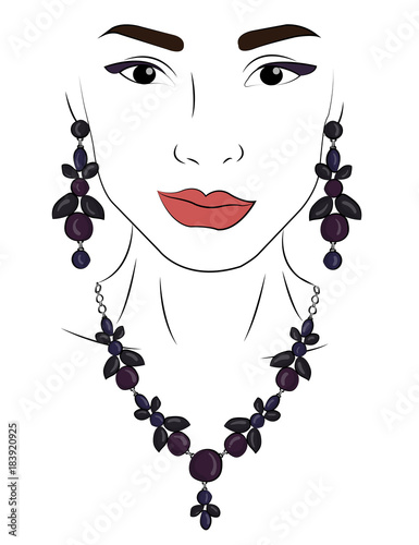 A girl in jewels. Necklace and earrings in the form of leaves and berries with dark gray, purple and dark blue stones eps 10 illustration