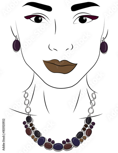 A girl in jewels. Silver necklace and earrings with dark gray, dark blue and brown stones eps 10 illustration