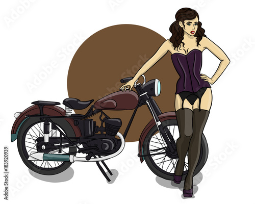 A girl with brown curly hair dressed in a purple corset, gray underwear and stockings stands next to a brown motorcycle eps 10 illustration