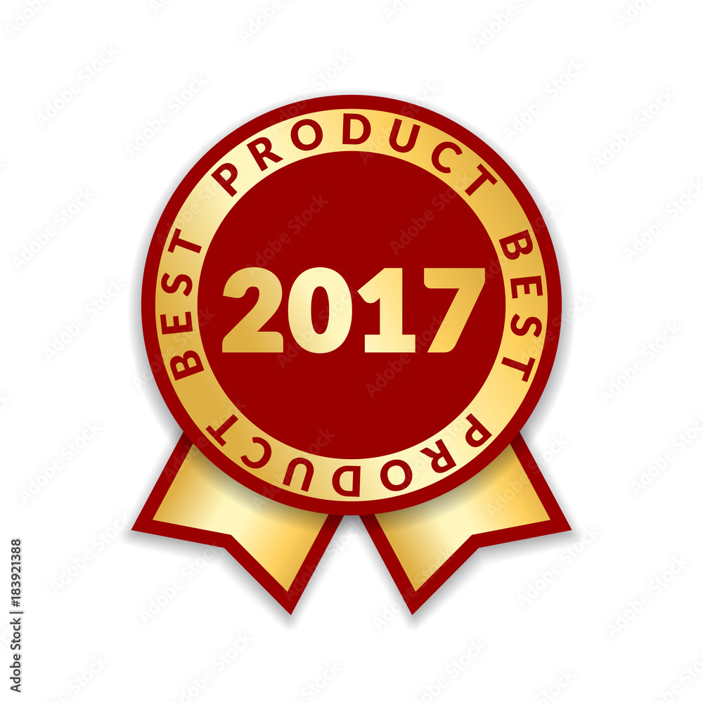 Ribbon award best product of year 2017. Gold ribbon award icon isolated white background. Best product golden label for prize, badge, medal, guarantee quality product Vector illustration Ribbon award best product of year 2017. Gold ribbon award icon isolated white background. Best product golden label for prize, badge, medal, guarantee quality product Vector illustration