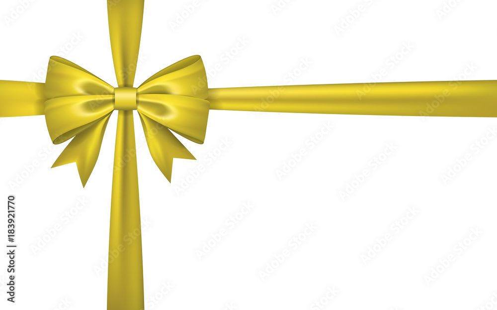 Gold gift bow ribbon. Golden bow tie isolated on white background. 3D shiny gift bow tie for Christmas present, holiday decoration, birthday. Silk ribbon for invitation Vector illustration Gold gift bow ribbon. Golden bow tie isolated on white background. 3D shiny gift bow tie for Christmas present, holiday decoration, birthday. Silk ribbon for invitation Vector illustration