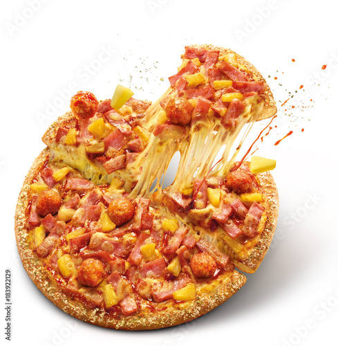 Delicious thin flame grilled ham and pineapple pizza with mozzarella cheese and crack isolated on white