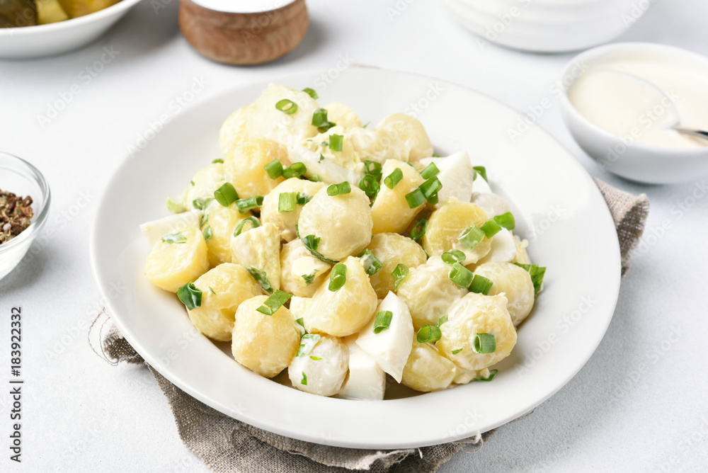 Tasty potato salad with eggs and green onion Tasty potato salad with eggs and green onion
