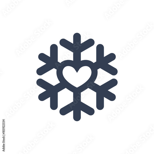 Snowflake with heart icon. Black silhouette snow flake sign, isolated on white background. Flat design. Symbol of winter, Christmas, New Year holiday, Valentines day. Vector illustration