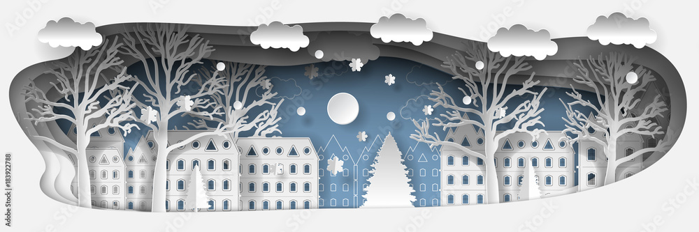 Illustration  winter coming. Merry Christmas and Happy New Year 2021 background.  Paper art and craft style