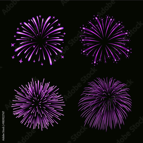 Beautiful purple fireworks set. Bright fireworks isolated black background. Light pink decoration fireworks for Christmas, New Year celebration, holiday festival, birthday card Vector illustration