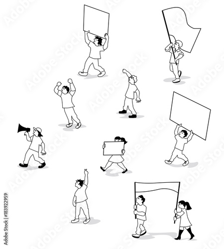 Vector illustration of protest people with banners and megaphones on demonstration. Demonstration, protest, strike concept.