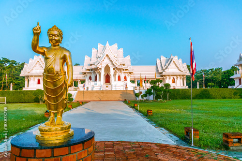 majestic palace thai buddhist with buddha golden sculpture in nepal. lumbini