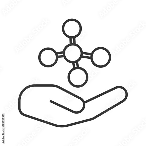 Open hand with molecule linear icon