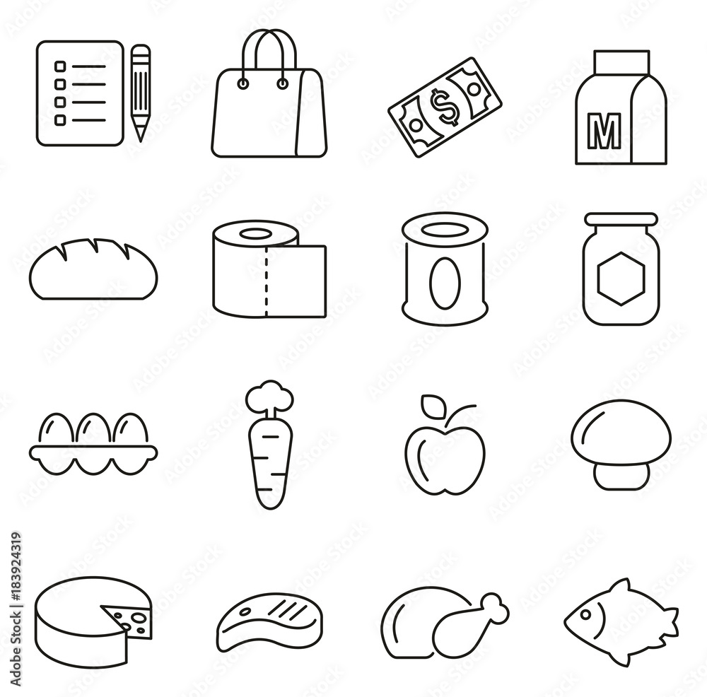 Grocery List or Food Shopping Icons Thin Line Vector Illustration Set ...