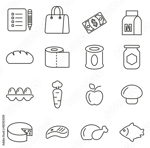 Grocery List or Food Shopping Icons Thin Line Vector Illustration Set