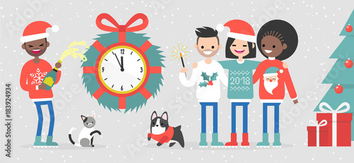 A group of interracial friends celebrating the new year