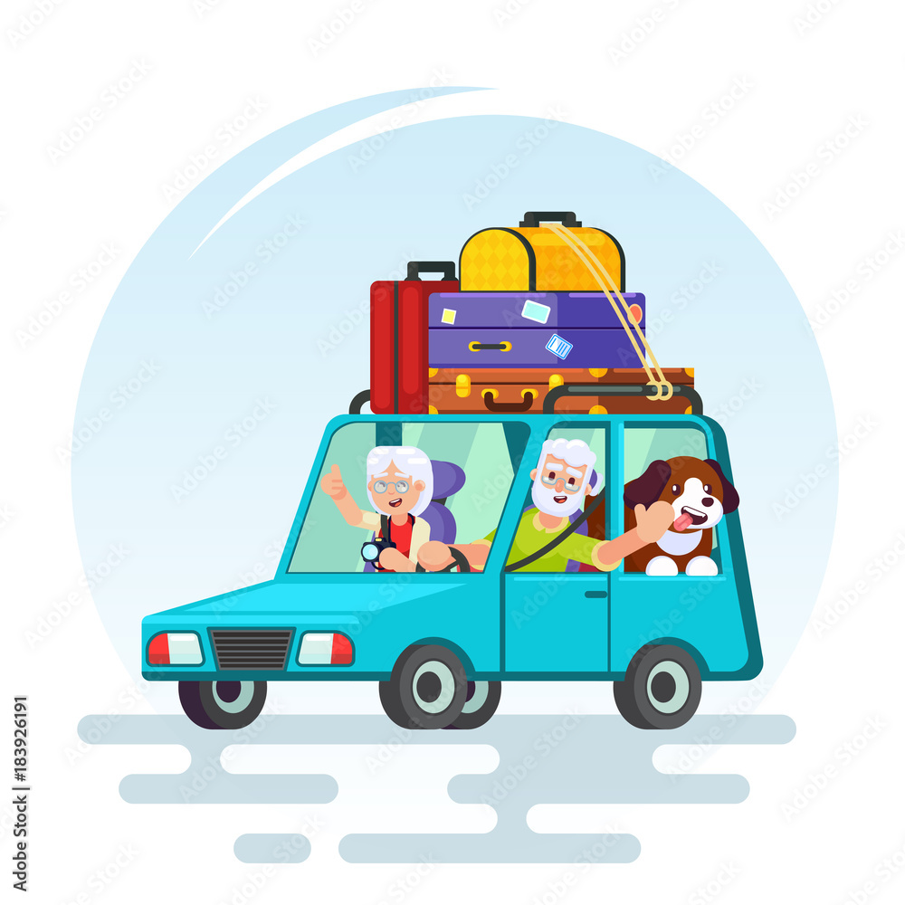 travel in old age concept. Elderly couple baggage, car and dog going on journey. Grandparents summer vacation. Picture for agency ad, recreation retired Vector colorful illustration in flat style travel in old age concept. Elderly couple baggage, car and dog going on journey. Grandparents summer vacation. Picture for agency ad, recreation retired Vector colorful illustration in flat style