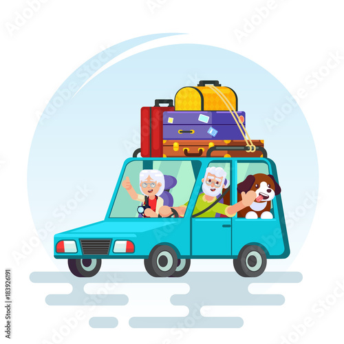 travel in old age concept. Elderly couple baggage, car and dog going on journey. Grandparents summer vacation. Picture for agency ad, recreation retired Vector colorful illustration in flat style © polly_boo