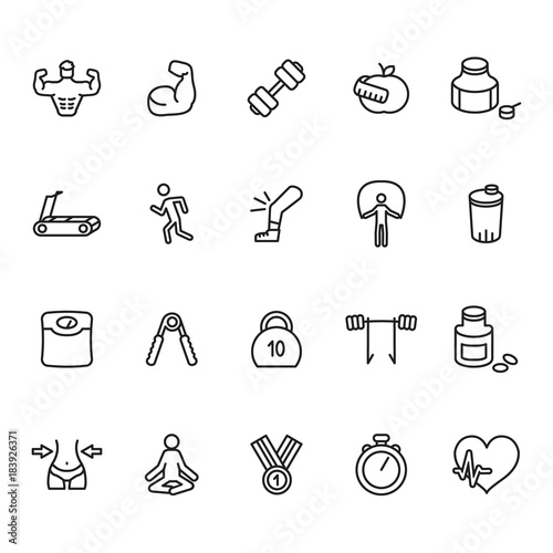 Fitness and bodybuilding thin line icon set. Vector.
