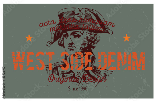 West side denim Berlin clothing tag, with latin words - acta deos numquam mortalia fallunt, meaning - mortal actions never deceive the gods. 