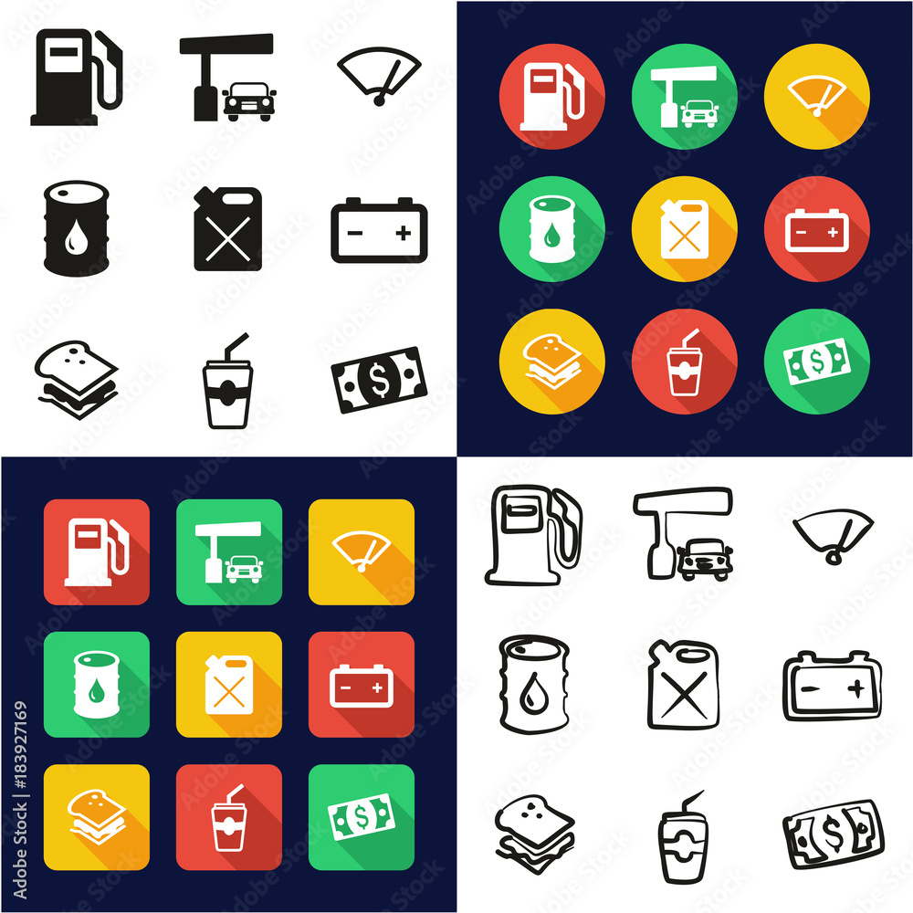 Gas Pump All in One Icons Black & White Color Flat Design Freehand Set Gas Pump All in One Icons Black & White Color Flat Design Freehand Set