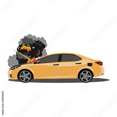 The broken car is covered with fire and smoke.