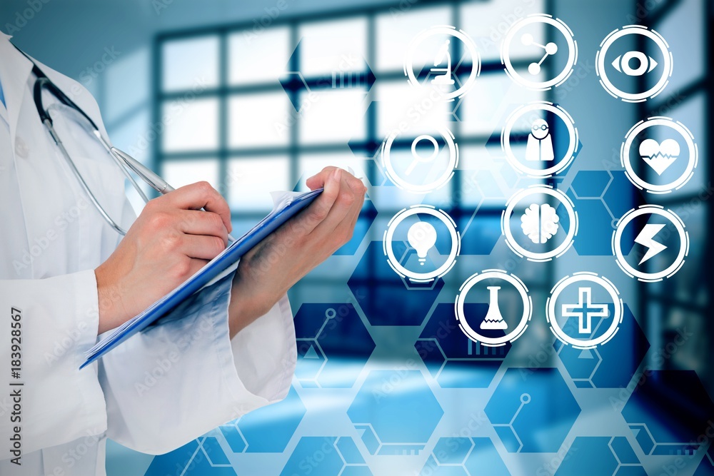 Composite image of doctor writing on clipboard Composite image of doctor writing on clipboard