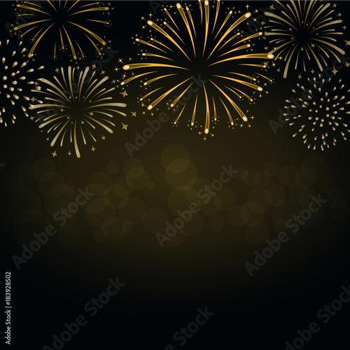 Firework gold sparkle background card. Beautiful bright fireworks isolated on black background. Light golden decoration firework for Christmas card, New Year celebration Vector illustration