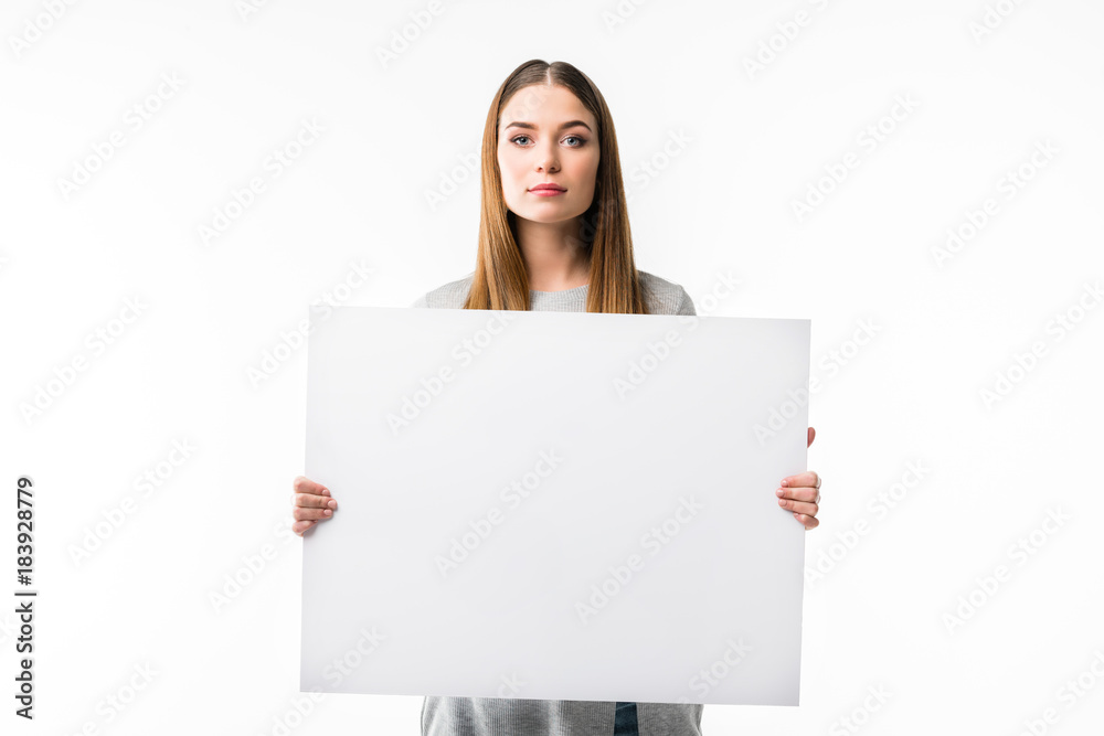 portrait of attractive woman with empty banner in hands looking at camera isolated on white portrait of attractive woman with empty banner in hands looking at camera isolated on white