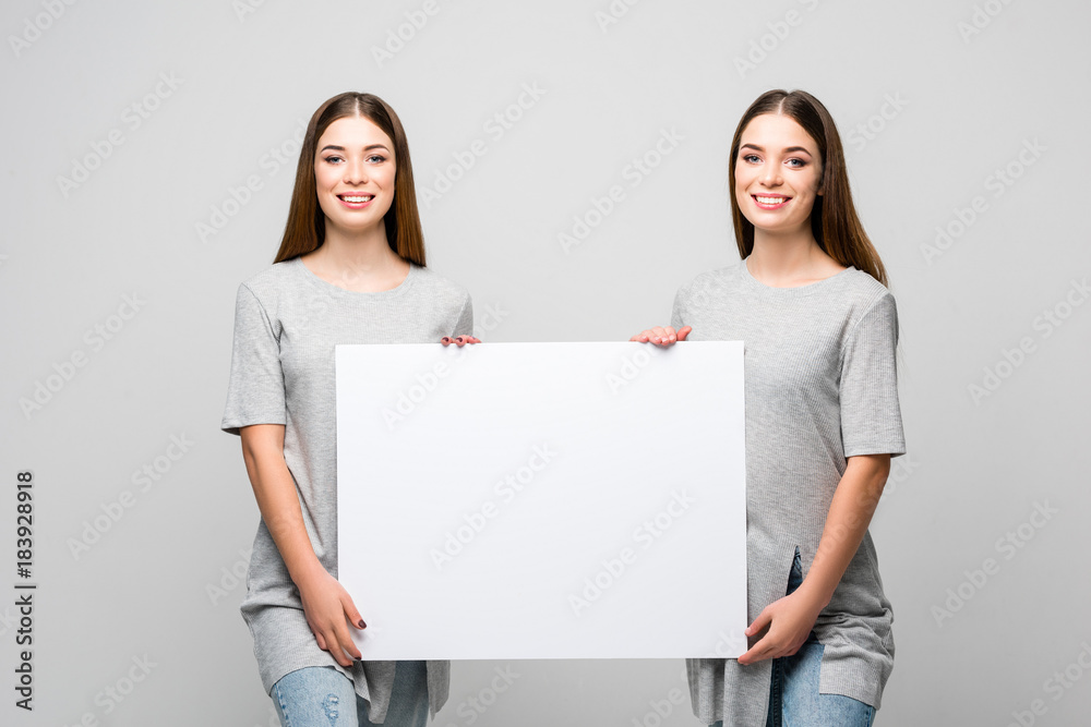 portrait of beautiful smiling twins holding blank banner in hands isolated on grey portrait of beautiful smiling twins holding blank banner in hands isolated on grey