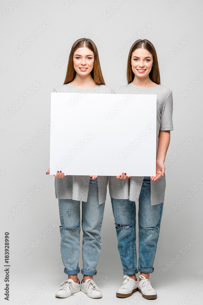 beautiful smiling twins holding blank banner in hands isolated on grey beautiful smiling twins holding blank banner in hands isolated on grey