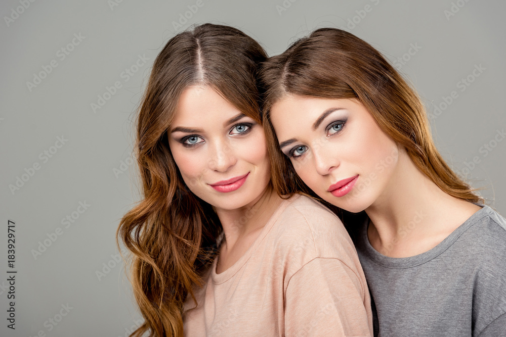 portrait of attractive twin sisters looking at camera isolated on grey portrait of attractive twin sisters looking at camera isolated on grey