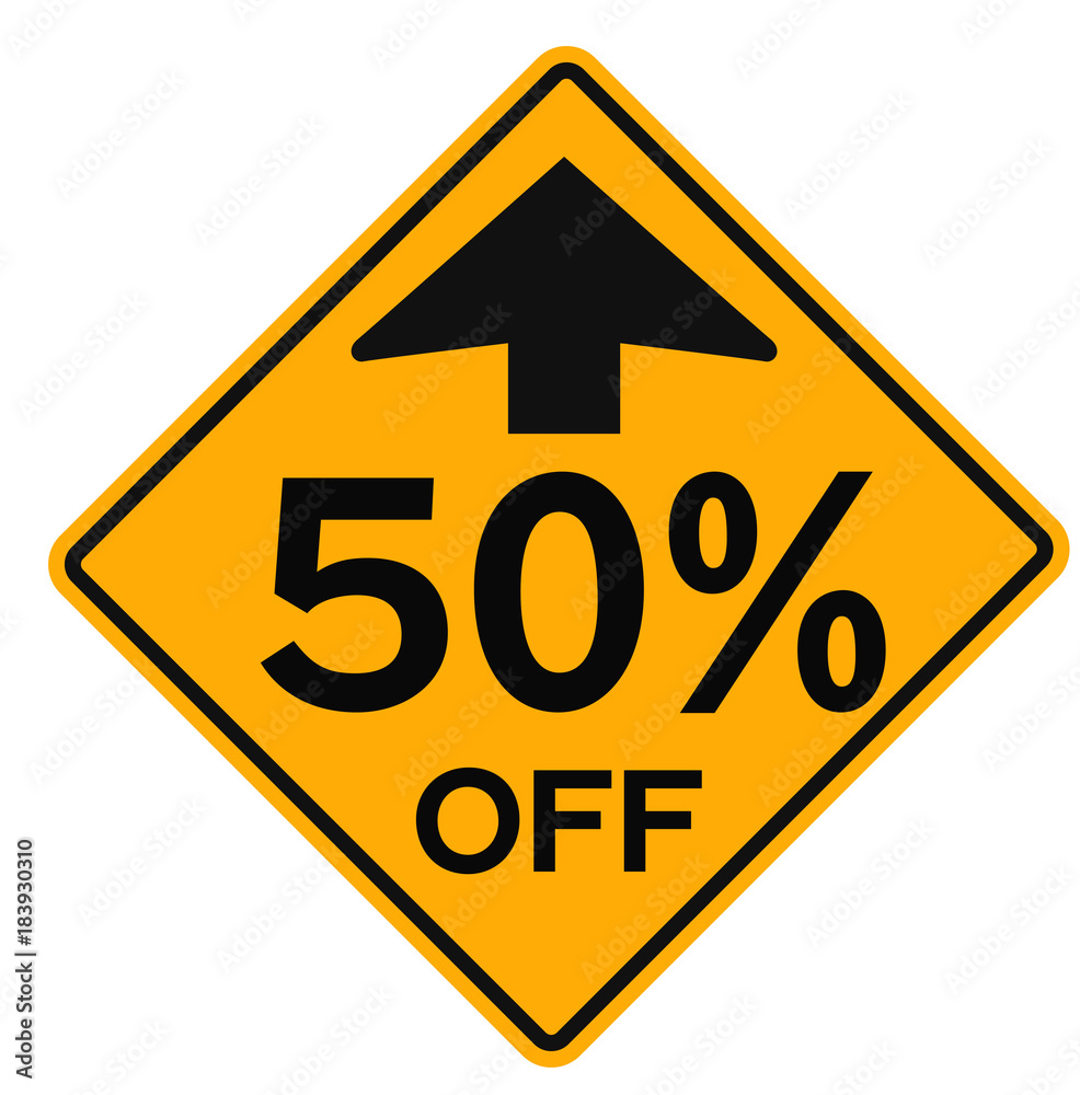 50 percent sale attention plate. Road sign design for retail business poster. 50 percent sale attention plate. Road sign design for retail business poster.