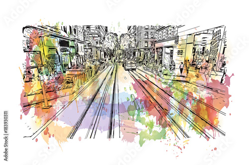 Watercolor splash with sketch of Street view San Francisco, California, USA in vector illustration.