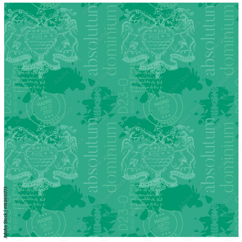 Obraz premium Absolutum dominium - absolute dominion in latin language. Vintage Madrid coat of arms pattern design.