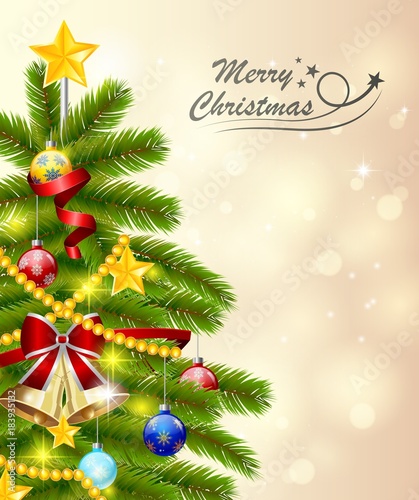 Christmas tree is decorated with colorful balls  a garland lights and a golden star. Vector illustration.