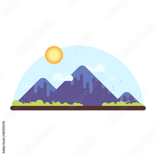 Mountain range with greens, sun, clouds and birds. Simple flat design illustration