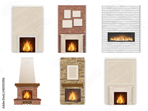 Vector set of fireplace on a white background with fire and firewood. Element for interior decor in different styles.