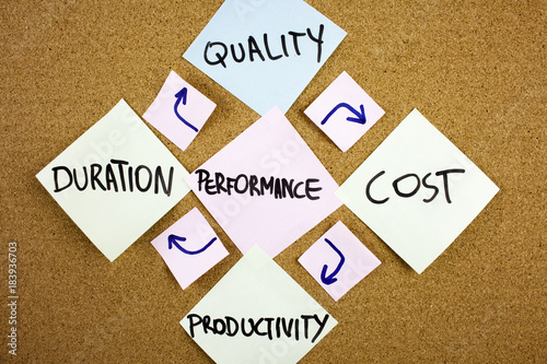 A yellow sticky note post it writing, caption, inscription Performance characteristics. Conceptual diagram, sticky note on wooden background photo