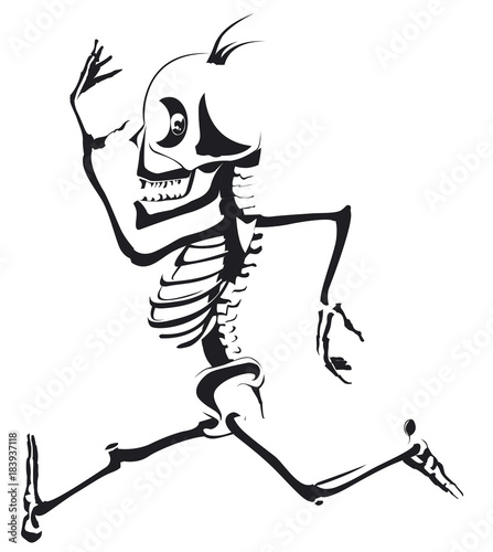 squelette d'un homme courant en noir et blanc