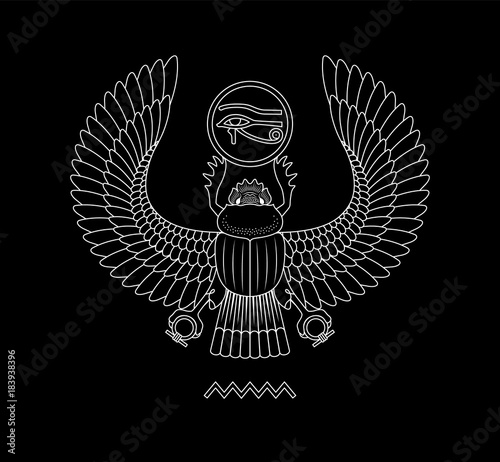 Graphic illustration of ancient egypt scarab pattern. Black background.