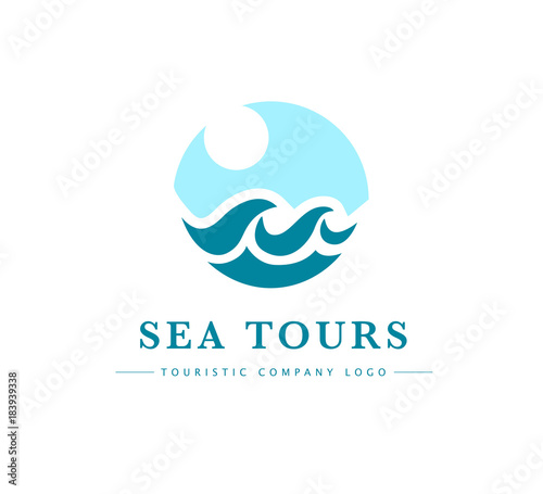 Vector flat touristic company logo design isolated on white background. Travel agency emblem sign. Blue water wave symbol, icon. Sea tours logotype. Ocean cruise.