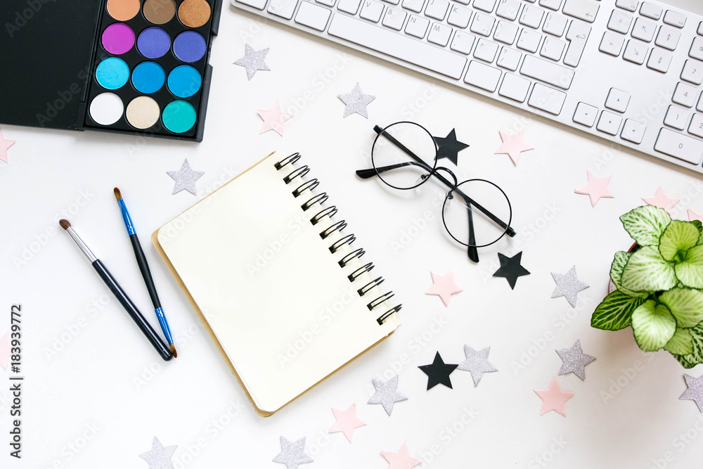 Stylish office table desk. Workspace with laptop, diary, succulent on white background. Flat lay, top view. trendy office Stylish office table desk. Workspace with laptop, diary, succulent on white background. Flat lay, top view. trendy office