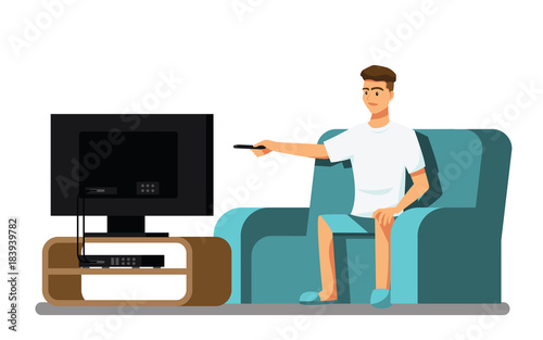 man watching TV happily on a white background  ,Vector illustration