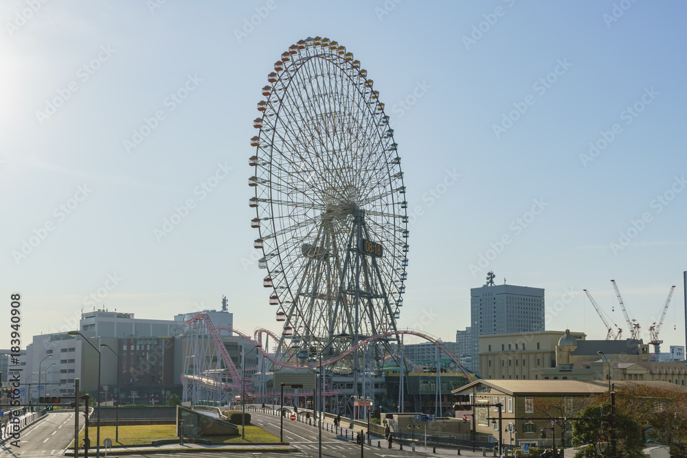 Morning view of modern building and big Ferris wheel