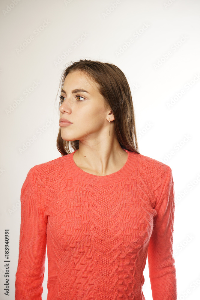 girl in red sweater on white background girl in red sweater on white background