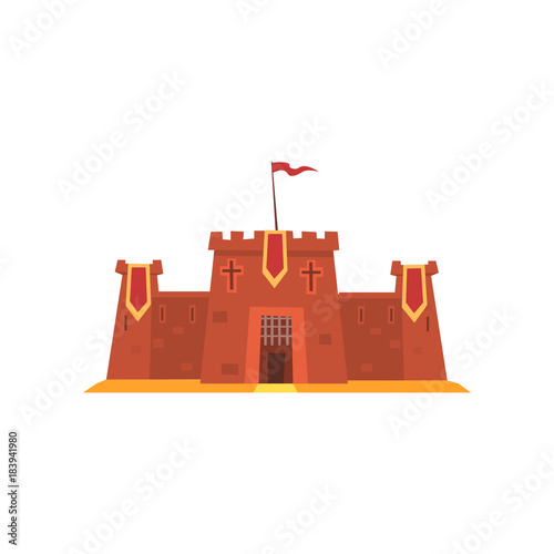 Fortress with iron grating on entrance, defensive towers and red heraldic flags. Historical building. Medieval architecture. Flat vector for children s fairy tales