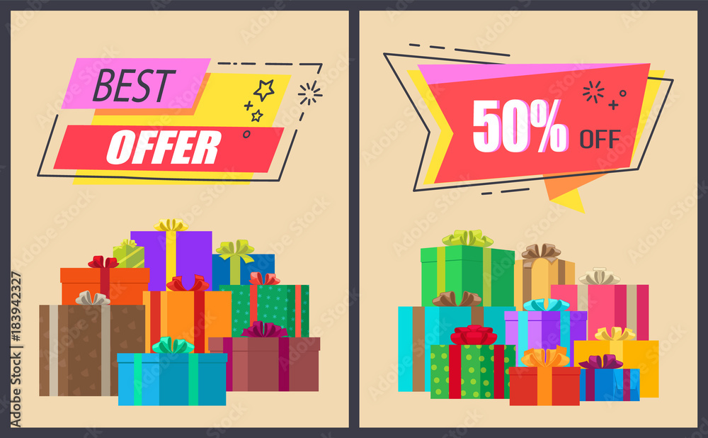 Best Offer -50 Off Promo Labels with Stars Icons