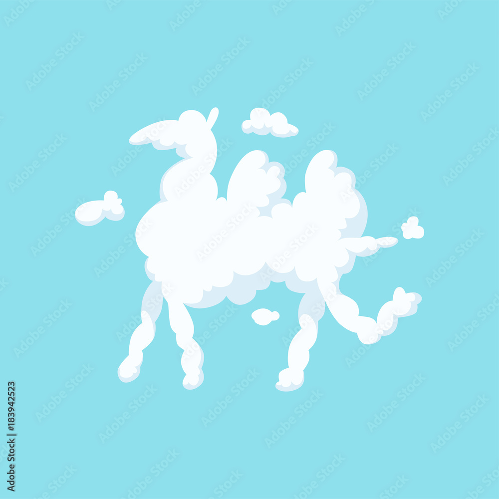 Cartoon silhouette of camel. White fluffy cloud in shape of animal isolated on blue. Flat vector design for children s book, poster or invitation card Cartoon silhouette of camel. White fluffy cloud in shape of animal isolated on blue. Flat vector design for children s book, poster or invitation card