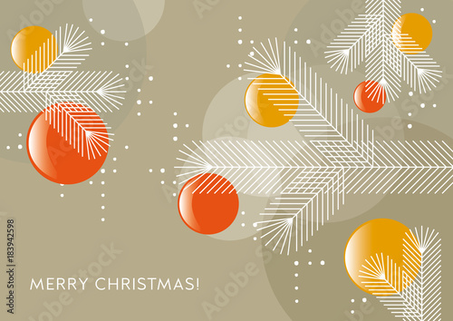 Weihnachtsbaum mit Kugeln, Grafik, Weihnachtsgruß, geometrische Formen, englisch