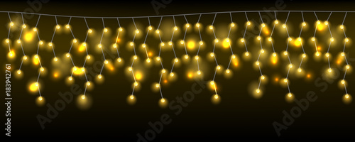 Light string seamless pattern, with bokeh and light glow. Vector illustration for Christmas and other celebration design, horizontal banner