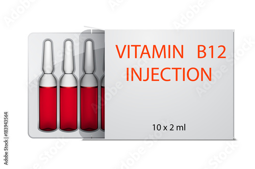 Vitamin B12 injection ampoules in package, isolated on white