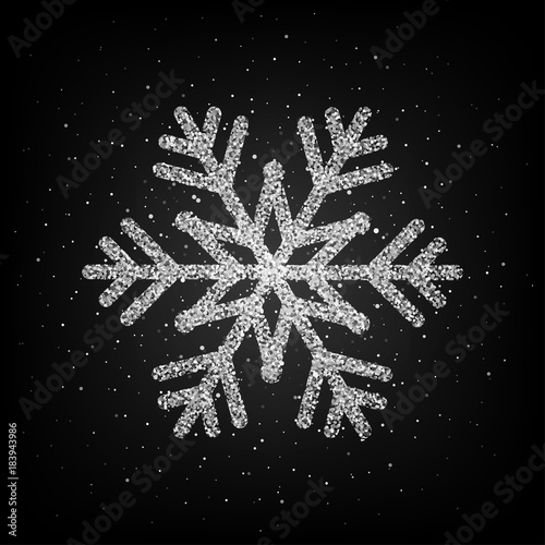 Silver snowflake symbol from silver glitter and sparkle. Vector illustration on black background, for Christmas and holiday design